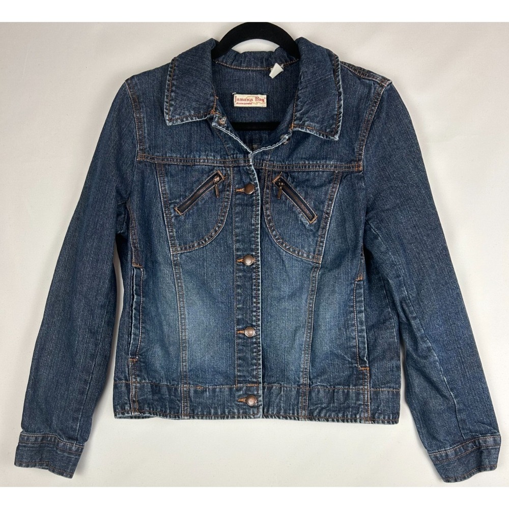 Jamaica Bay 100% Cotton Button Denim Jean Jacket Blue Zip Pockets Women's M
